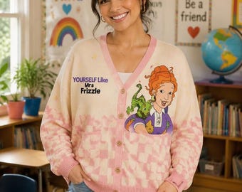 Be Yourself Like Mrs Frizzle Cardigan, Mrs Frizzle Knitted Cardigan, Magic School Bus Sweater, STEM Teacher Sweater, Teacher Cardigan Gift