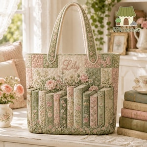 Puede incluir: Un bolso tote acolchado con diseño de patchwork en tonos verde salvia, crema y rosa suave. El frente muestra un patrón floral bordado, una mariposa y una fila de libros con el nombre Lily bordado en letra cursiva.