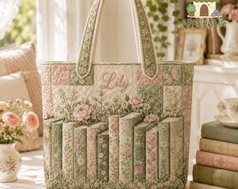 Personalized Floral Book Tote Bag, Green Garden Shoulder Bag, Custom Name Floral Lover Handbag, Cute Bookish Tote Gift, Librarian Gift