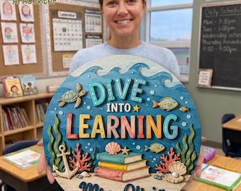 Custom Teacher Door Sign, Ocean Sea Themed Door Sign, Dive Into Learning Classroom Door Hanger, Back To School Gift, Classroom Sign Decor