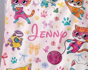 Manta personalizada de Superkitties en acuarela, manta de Superkitties con lazos coquetos, manta personalizada de Superkitties, Buddy Bitsy Ginny Sparks