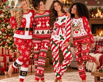 Funny Womens Christmas Raglan Pajamas, Faux Cleavage Print Holiday Pajama Set, Ugly Christmas Costume PJs, Xmas Party Sleepwear