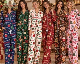 Custom Family Christmas Pajamas, Personalized Name Santa Gingerbread Xmas PJ Set, Matching Holiday Sleepwear, Christmas Satin Set