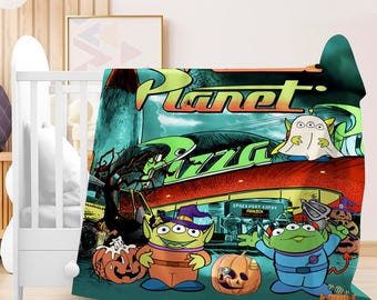Vintage Aliens Toy Story Pizza Planet Blanket, Halloween Pizza Planet Fleece Blanket, Toy Story Blanket Gift for Kid