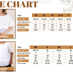 May include: A size chart for toddler and youth t-shirts. The chart includes measurements for body length, chest width, and sleeve length in inches. The chart is in a brown and white color scheme.