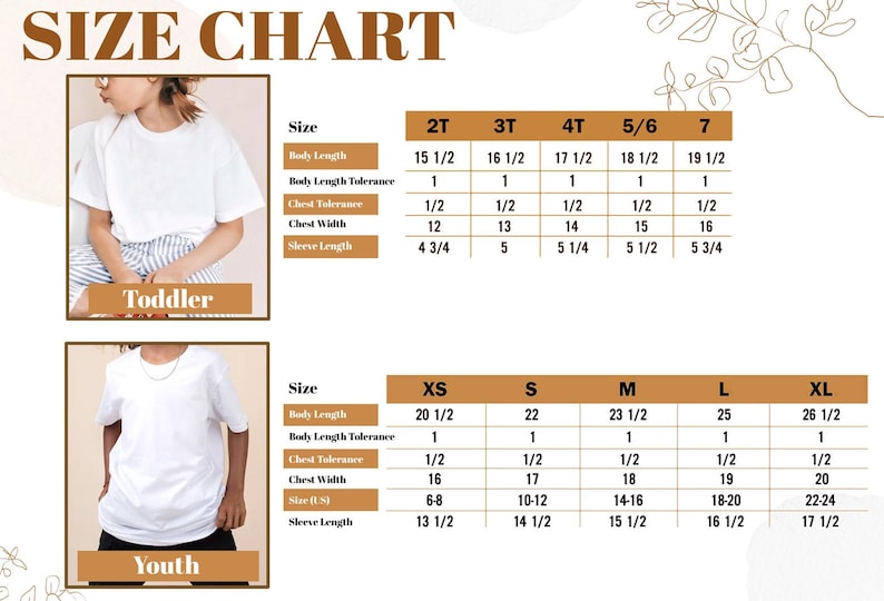 May include: A size chart for toddler and youth t-shirts. The chart includes measurements for body length, chest width, and sleeve length in inches. The chart is in a brown and white color scheme.