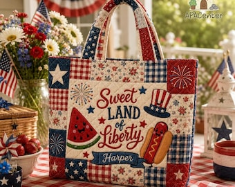 Personalized Patriotic American Born to Sparkle Quilted Tote Bag, Flag Tote Bag, 250 Years Freedom Shoulder Bag, 4th of July Travel Bag