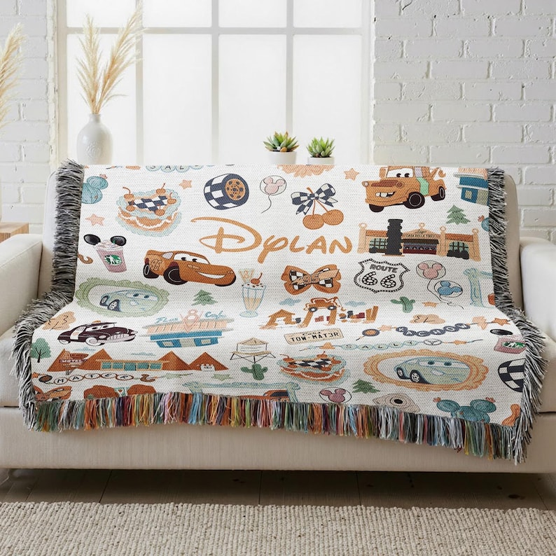Personalized Pixar Cars Blanket, Boy Name Blanket, Lightning McQueen Woven Blanket, Cars Characters Throw, Disneyland Cars Blanket image 3