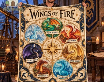 May include: A rectangular fleece blanket featuring the text Wings of Fire. The design includes six circular illustrations of dragons labeled Ice Wings, Rain Wings, Sky Wings, Sand Wings, Sea Wings, and Mud Wings, arranged around a central compass star.