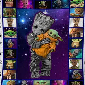 May include: A plush blanket featuring a central image of Groot holding Baby Yoda, surrounded by smaller images of the characters. The background is a starry purple and blue space scene. The border is white with character illustrations.