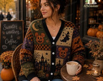 Mckey Mnnie Halloween Cardigan, Haunted House Halloween Knit Cardigan, Witch Hat Pumpkin Fall Sweater, Spooky Season Gift