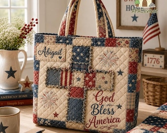 Personalized Patriotic Patchwork Quilted Tote Bag, American Flag Floral Print Shoulder Bag, Vintage Americana Handbag, USA Farmhouse Tote