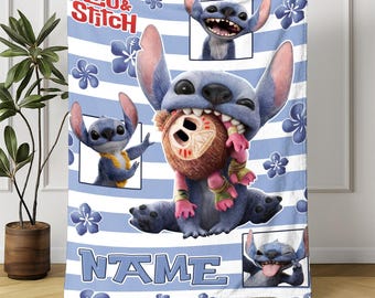 Personalized Stitch Blanket, Disneyland Stitch Blanket, Stitch Birthday Gifts, Stitch Blanket For Kids, Custom Name Blanket