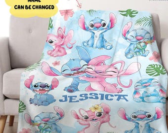 Personalized Stitch and Angel Fleece Blanket, Disneyland Blanket, Gifts for Kids, Birthday Gifts, Disneyland Watercolor Fleece Blanket