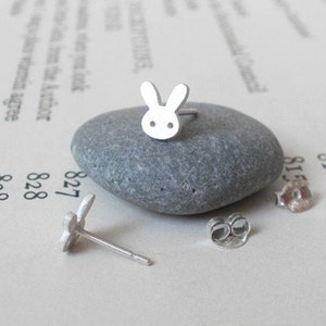 Bunny Stud Earrings with Straight Ears, Silver Rabbit Ear Posts image 1
