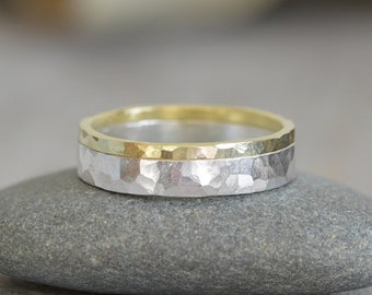 Hammered Effect Wedding Band in 18ct Yellow Gold and Sterling Silver, Mixed Metal Wedding Band,  Rustic Wedding Ring, Unisex Wedding Band