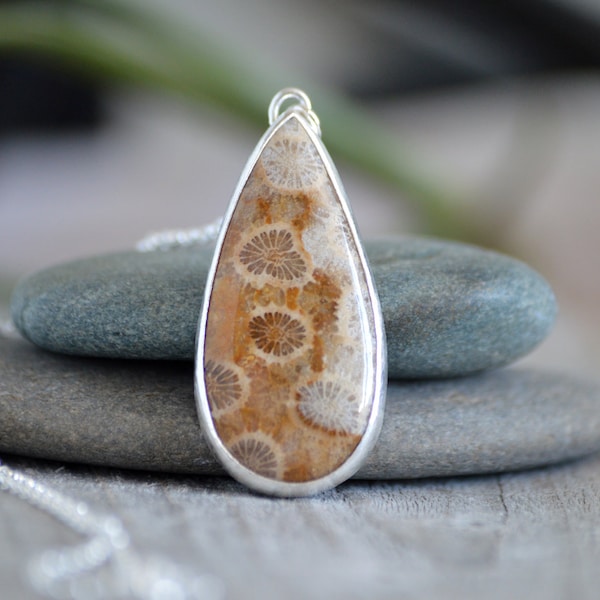 Teardrop Fossilized Coral Necklace, Fossil Coral Necklace, Golden Fossil Coral Necklace