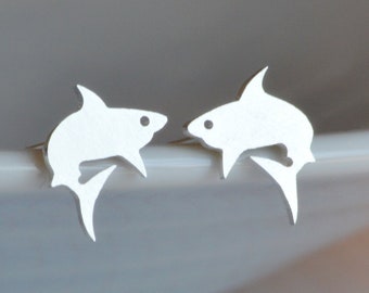 Shark Shape Stud Earrings in Sterling Silver, Silver Animal Stud Earrings