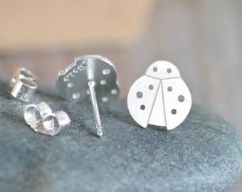 Ladybird Stud Earrings in Sterling Silver, Silver Ladybug Ear Posts