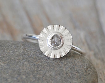 Raw Diamond Flower Ring, Silver Diamond Ring