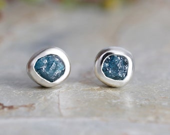 Rough Blue Diamond Stud Earrings, Natural Blue Diamond Stud Earrings, Diamond Ear Posts, Made to Order