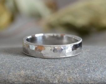 Millgrain Platinum Wedding Band, Hammered Effect Platinum Wedding Ring, 3mm Wide or 4mm Wide, Rustic Wedding Band