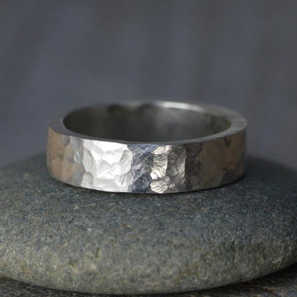 Hammered Effect Wedding Band, Sterling Silver Wedding Ring, Personalized Wedding Band, 5.5mm Wide Rustic Wedding Ring