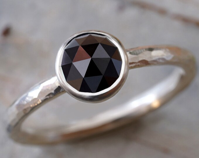 Rose Cut Black Diamond Engagement Ring, Round Diamond Solitaire Ring