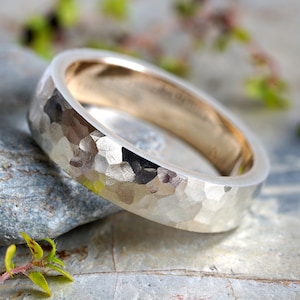 Two Tone Wedding Band with Hammered Effect, 2 Colour Wedding Ring, 6mm Rustic Wedding Band, Made To Order