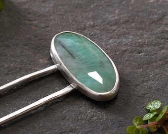 3.5ct Natural Emerald Hair Pin in Solid Sterling Silver, Oval Emerald Hairpin in Solid Sterling Silver