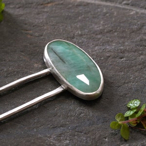 3.5ct Natural Emerald Hair Pin in Solid Sterling Silver, Oval Emerald Hairpin in Solid Sterling Silver