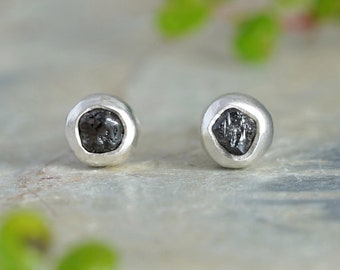 0.2ct Raw Black Diamond Stud Earrings: Handmade in Sterling Silver