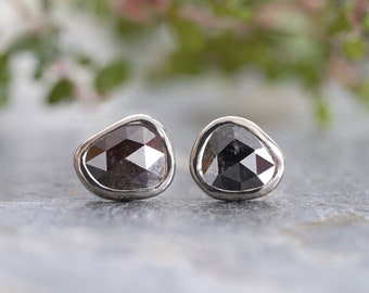 Natural Black Diamond Stud Earrings in 18ct White Gold, 0.85ct Rost Cut Diamond Ear Studs