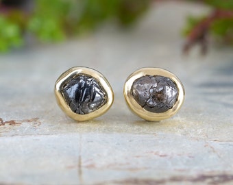 Rough Black Diamond Stud Earrings in 18ct Yellow Gold, Total 1.0ct Diamonds, Natural Black Diamond Ear Studs