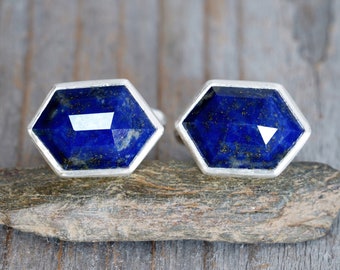 Lapis Lazuli Cufflinks Set in Sterling Silver, Something Blue Wedding Gift For Him, Gemstone Cufflinks Handmade in the UK