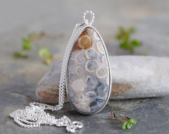 32ct Teardrop Fossilized Coral Necklace, Fossil Coral Necklace, One-of-a-kind Necklace