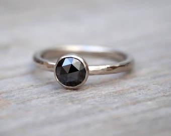 Rose Cut Black Diamond Engagement Ring in Sterling Silver: Hammered Band Solitaire