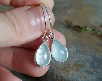 Rose Cut Aquamarine Dangle Earrings in Sterling Silver, Aquamarine Earring in Columbia Blue