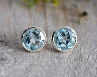 8mm Topaz Stud Earrings, Blue Topaz Ear Posts, Large Topaz Earrings