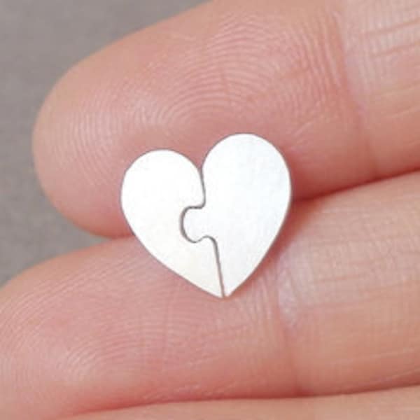 Puzzle Heart Shape Ear Posts in Sterling Silver, Silver Jigsaw Puzzle Stud Earrings