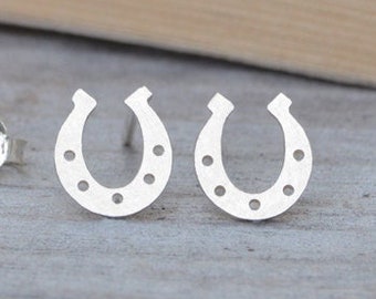 Lucky Horseshoes Stud Earrings in Sterling Silver, Silver Horseshoe Ear Studs