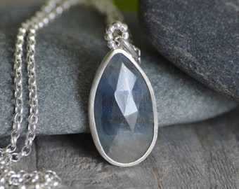 Teardrop Sapphire Necklace in Sterling Silver, 5.45ct Blue Sapphire Necklace