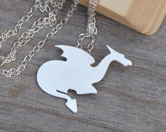 Crouching Dragon Necklace in Sterling Silver, Silver Dragon Necklace