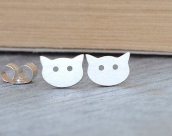 Cat Stud Earrings in Sterling Silver, Silver Kitten Ear Studs