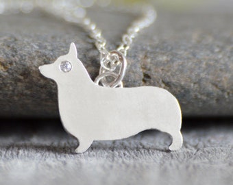 Corgi Necklace with Diamond Eye, Silver Corgi Necklace, Diamond Corgi Necklace