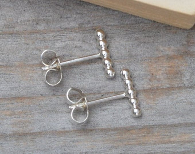 Silver Stick Stud Earrings, Beaded Stick Earrings in Sterling Silver, Simple Stick Ear Posts