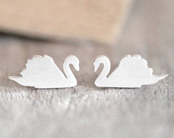 Swan Stud Earrings in Sterling Silver, Silver Swan Ear Studs
