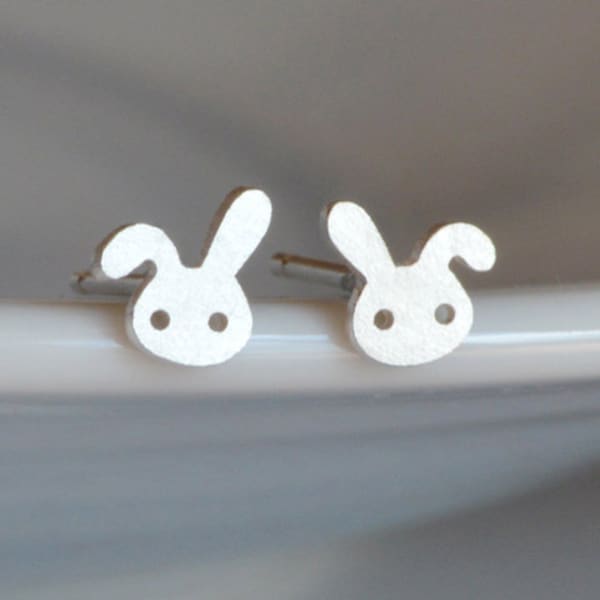 Bunny Stud Earrings with Floppy Ear, Silver Rabbit Ear Posts