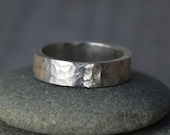 Hammered Effect Wedding Band, Sterling Silver Wedding Ring, Personalized Wedding Band, 5.5mm Wide Rustic Wedding Ring