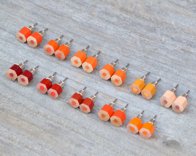 Colour Pencil Stud Earrings, Orange Stud Earrings, Hexagon Pencil Ear Post, Wooden Ear Posts